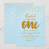 1e verjaardag lichtblauwe & gouden confetti uitnod kaart (Voorkant / Achterkant)