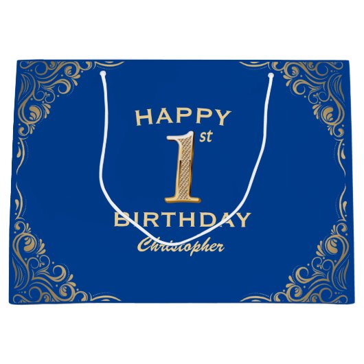 1e verjaardag Lijst Blauwe en Glitter Glitter Groot Cadeauzakje (Voorkant)
