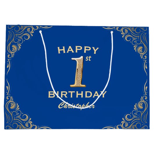 1e verjaardag Lijst Blauwe en Glitter Glitter Groot Cadeauzakje (Achterkant)