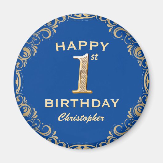 1e verjaardag Lijst Blauwe en Glitter Glitter Magneet (Voorkant)