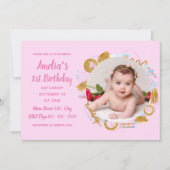 1e verjaardag - Lijst met fijne gouden en roze fot Kaart (Voorkant)