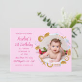 1e verjaardag - Lijst met fijne gouden en roze fot Kaart (Staand voorkant)