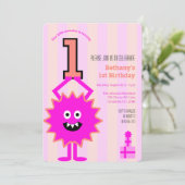 1e Verjaardag Little Hot Roze Monster Fun Schattig Kaart (Staand voorkant)