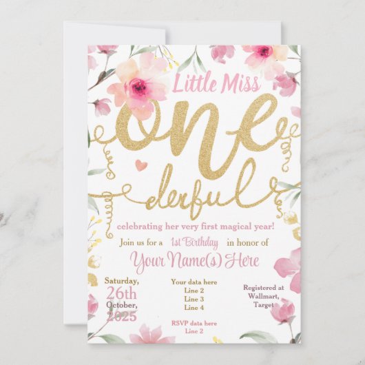 1e verjaardag Little Miss ONEderful Pink Floral Kaart (Voorkant)