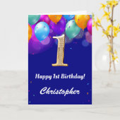 1e verjaardag marinenblauw en goudkleurige ballonn kaart (Gele Bloem)