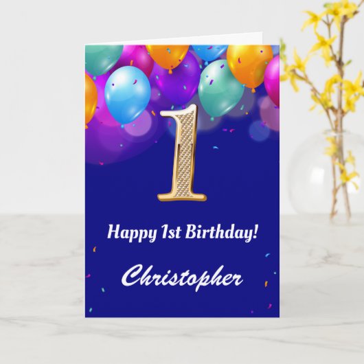 1e verjaardag marinenblauw en goudkleurige ballonn kaart (Gele Bloem)