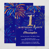 1e verjaardag marinenblauw en goudregenboogvuurwer kaart (Voorkant / Achterkant)