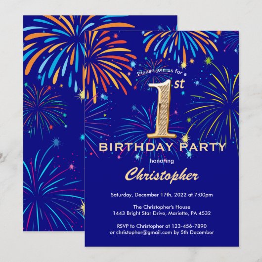 1e verjaardag marinenblauw en goudregenboogvuurwer kaart (Voorkant / Achterkant)