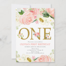 1e verjaardag meisje, blush roze goud bloemenelega kaart