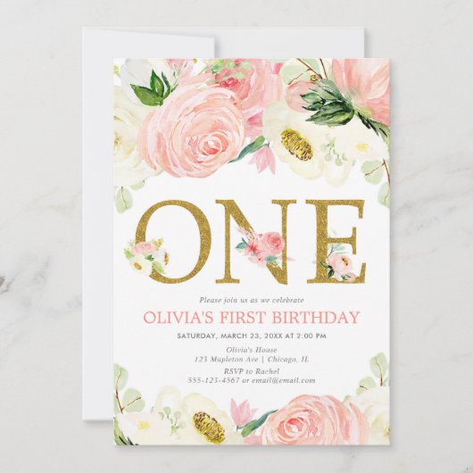 1e verjaardag meisje, blush roze goud bloemenelega kaart (Voorkant)