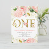 1e verjaardag meisje, blush roze goud bloemenelega kaart (Staand voorkant)