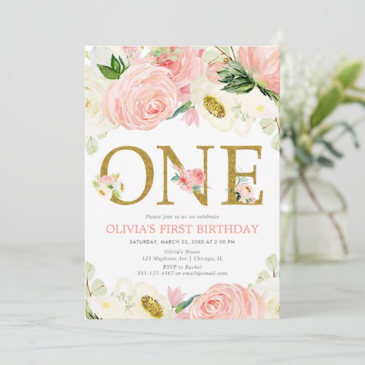 1e verjaardag meisje, blush roze goud bloemenelega kaart (Staand voorkant)