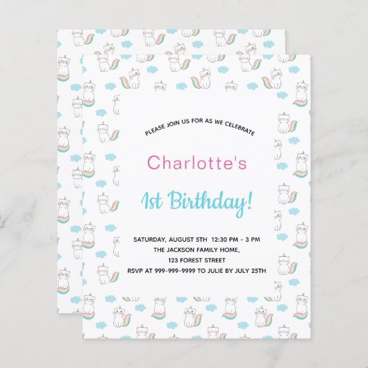 1e verjaardag meisje kat eenhoorn roze blauwe uitn (Voorkant / Achterkant)