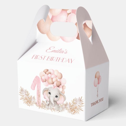1e verjaardag meisje olifant roze ballonnen medium bedankdoosjes (Voorkant)
