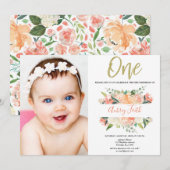 1e verjaardag meisje perzik goudglitter foto kaart (Voorkant / Achterkant)