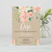 1e verjaardag meisje perzik rustieke kraft bloemen kaart (Staand voorkant)