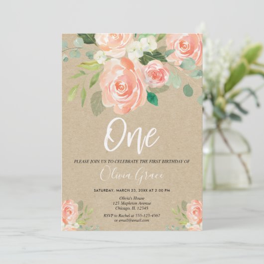 1e verjaardag meisje perzik rustieke kraft bloemen kaart (Staand voorkant)