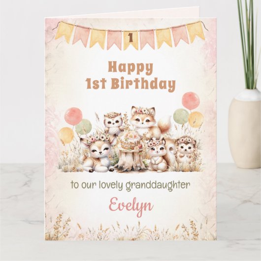 1e Verjaardag Meisje Roze Boho Woodland Dieren Kaart (Voorkant)