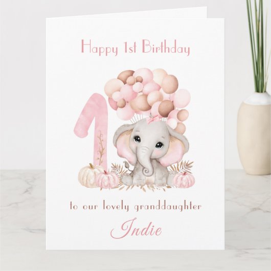 1e Verjaardag Meisje Roze Olifant Herfst Pompoen Kaart (Voorkant)