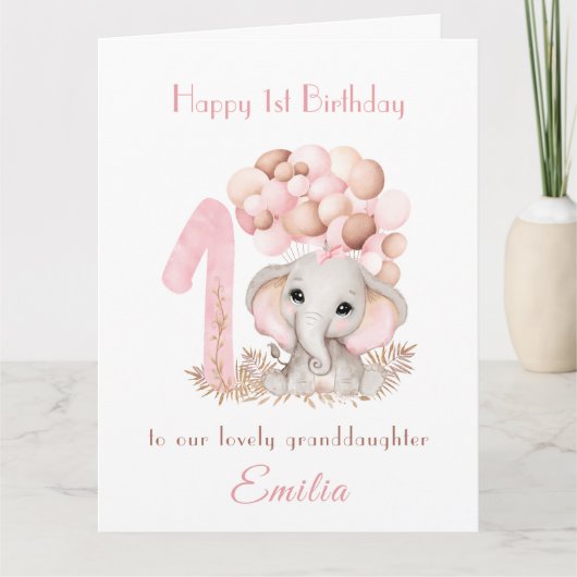 1e verjaardag meisje roze Schattigee olifant ballo Kaart (Voorkant)