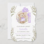 1e Verjaardag Meisje Schattige Teddy Bear Paarse B Kaart (Voorkant)