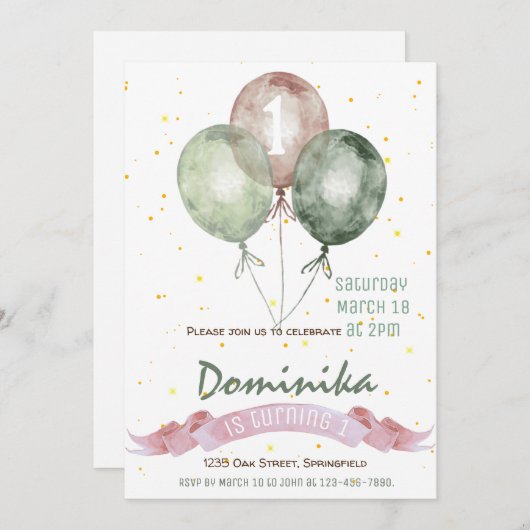 1e verjaardag meisje uitnodigen, meisje verjaardag kaart (Voorkant / Achterkant)