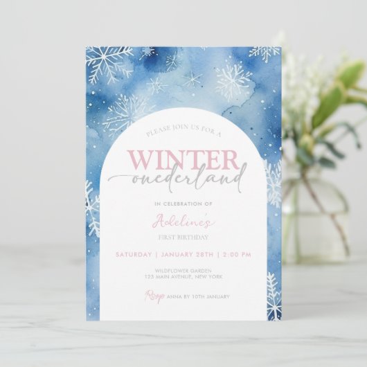 1e Verjaardag Meisje Winter Onederland Feestsneeuw Kaart (Staand voorkant)