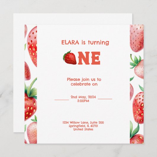 1e verjaardag met aardbeien lijst save the date (Voorkant / Achterkant)