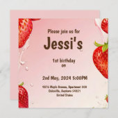 1e verjaardag met aardbeiensap splash save the date (Voorkant / Achterkant)