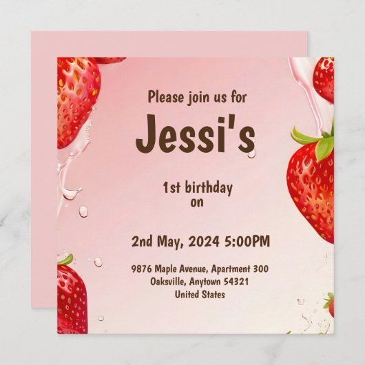 1e verjaardag met aardbeiensap splash save the date (Voorkant / Achterkant)
