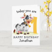 1e verjaardag met onze Schattige Koe Kaart (Gele Bloem)