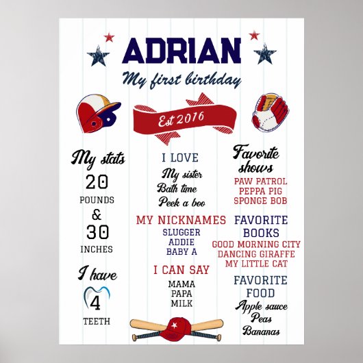 1e verjaardag mijlpaal honkbal poster (Voorkant)