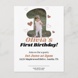 1e Verjaardag Minimalistische Beige Teddy Harten Briefkaart