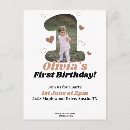 1e Verjaardag Minimalistische Beige Teddy Harten Briefkaart (Voorkant)