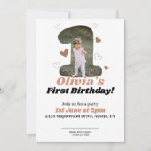 1e verjaardag minimalistische beige teddyharten save the date (Voorkant)