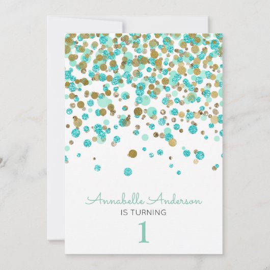1e verjaardag Mint Gold Glitter Sparkle Confetti Kaart (Achterkant)