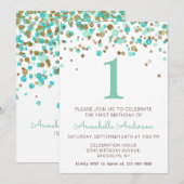 1e verjaardag Mint Gold Glitter Sparkle Confetti Kaart (Voorkant / Achterkant)