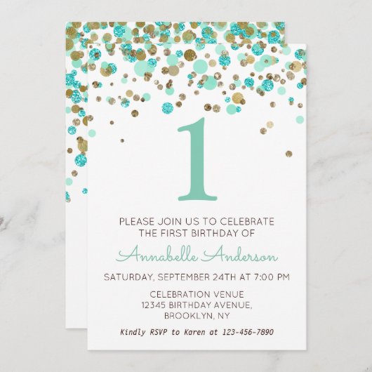 1e verjaardag Mint Gold Glitter Sparkle Confetti Kaart (Voorkant / Achterkant)