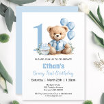 1e verjaardag moderne blauwe teddybeer uitnodiging<br><div class="desc">1e Verjaardag Uitnodiging met een schattige teddybeer, ballonnen en cupcake in zacht lichtblauw. Schattig, eenvoudig en modern design voor de eerste of enige verjaardag van een kleine jongen. Personaliseer eenvoudig alle tekst, inclusief het nummer van de verjaardag. Bezoek de winkel voor de volledige lijn van producten die beschikbaar zijn :)...</div>