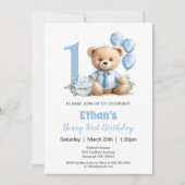 1e verjaardag moderne blauwe teddybeer uitnodiging (Voorkant)