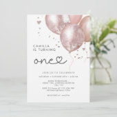 1e verjaardag moderne roze ballon meisje kaart (Staand voorkant)