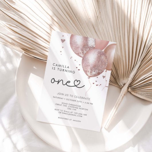 1e verjaardag moderne roze ballon meisje kaart