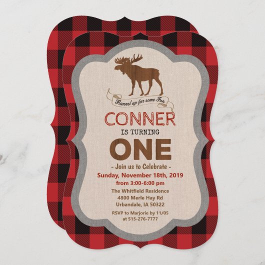 1e verjaardag Moose Boy Verjaardag uitnodiging (Voorkant / Achterkant)