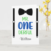 1e verjaardag Mr. Onederful Suspender Boy Een jaar Kaart (Gele Bloem)