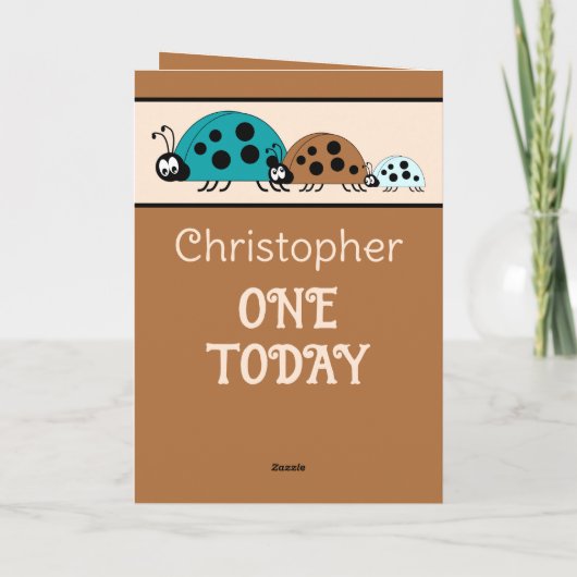 1e verjaardag: naam ladybugs turkooizen brown kaart (Achterkant)