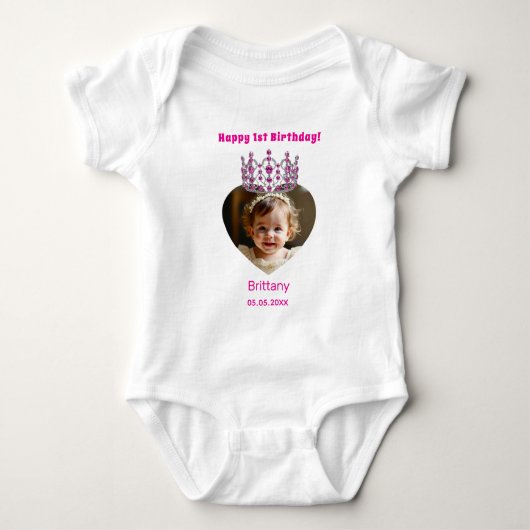 1e verjaardag naam leeftijd foto roze tiara baby m romper (Voorkant)