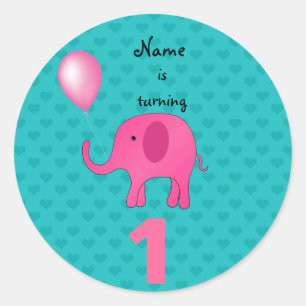 1e Verjaardag naam olifant turquoise harten Ronde Sticker