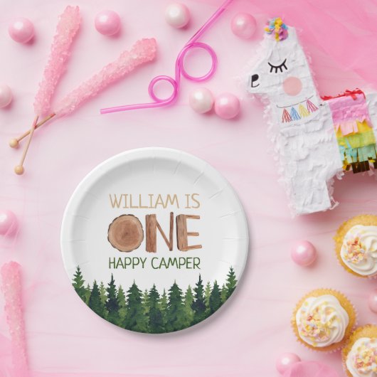 1e Verjaardag Naam Rustieke One Happy Camper Papieren Bordje (Feest)