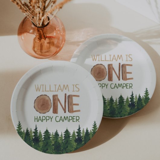 1e Verjaardag Naam Rustieke One Happy Camper Papieren Bordje