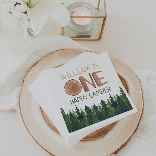 1e Verjaardag Naam Rustieke One Happy Camper Servet